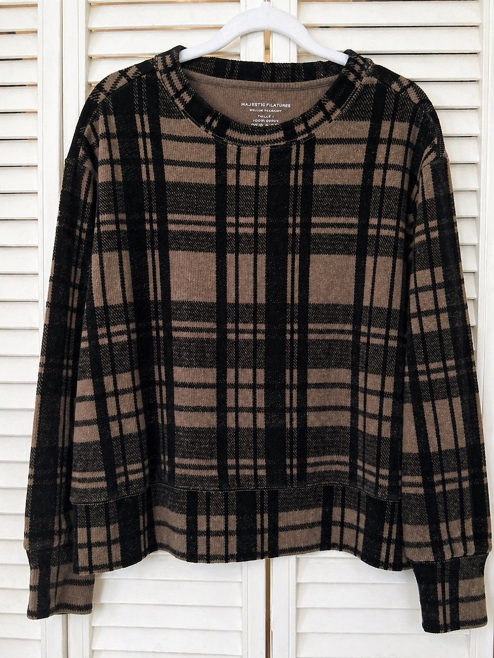 Majestic Filatures Brown Plaid Crewneck Sweater | Size XS